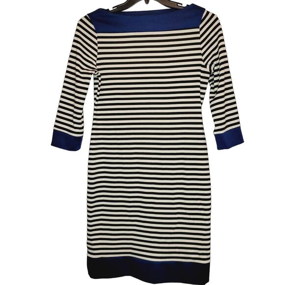 Isaac Mizrahi boat neck navy blue and white striped career midi dress size med - Picture 1 of 6